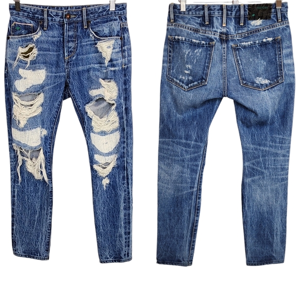 Tortoise Denim Mid-rise Cropped Straight Selvedge Jeans Destroyed Eco Friendly - Picture 1 of 15